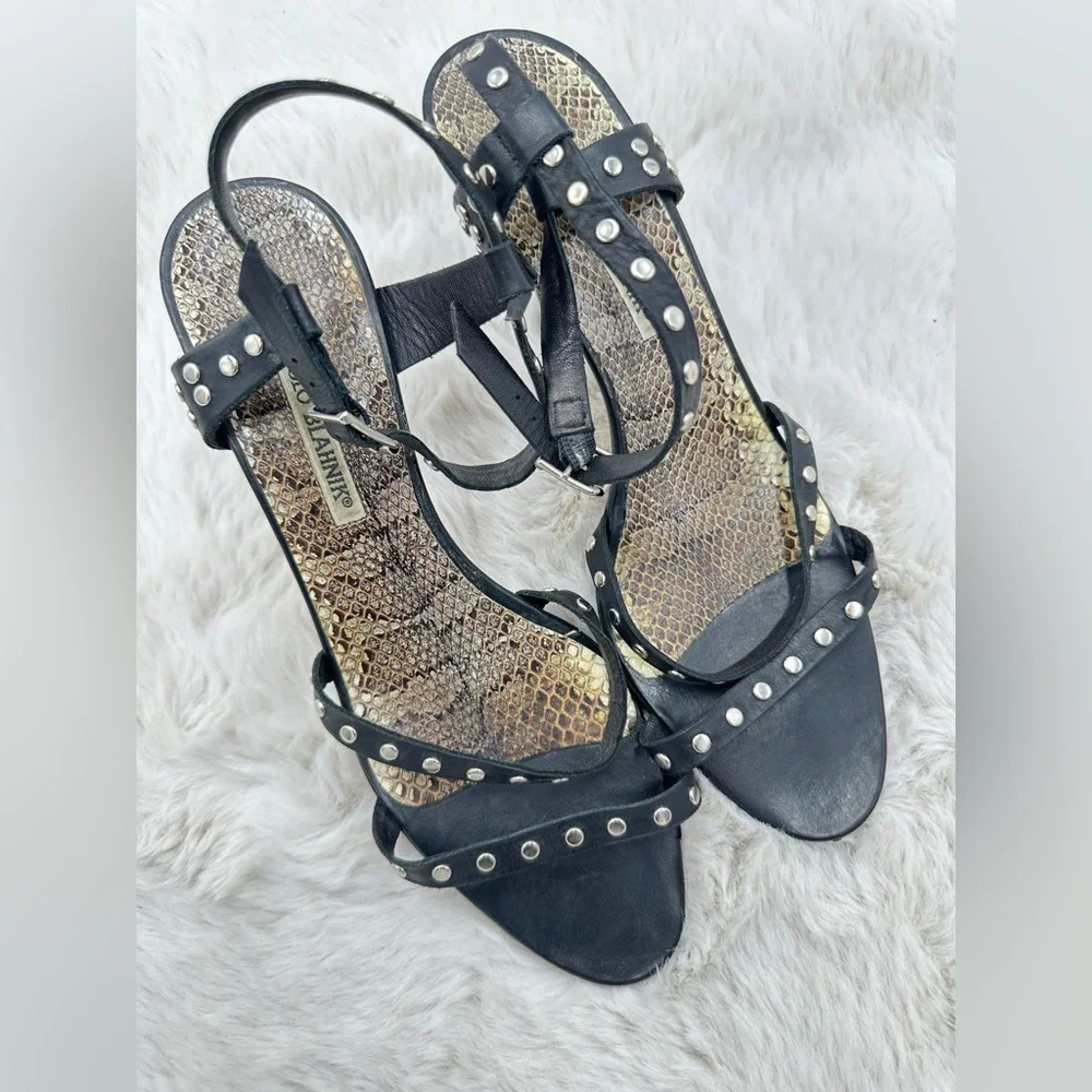 Manolo Blahnik Black Leather Studded strappy heels‎ 40 size 10  snakeskin